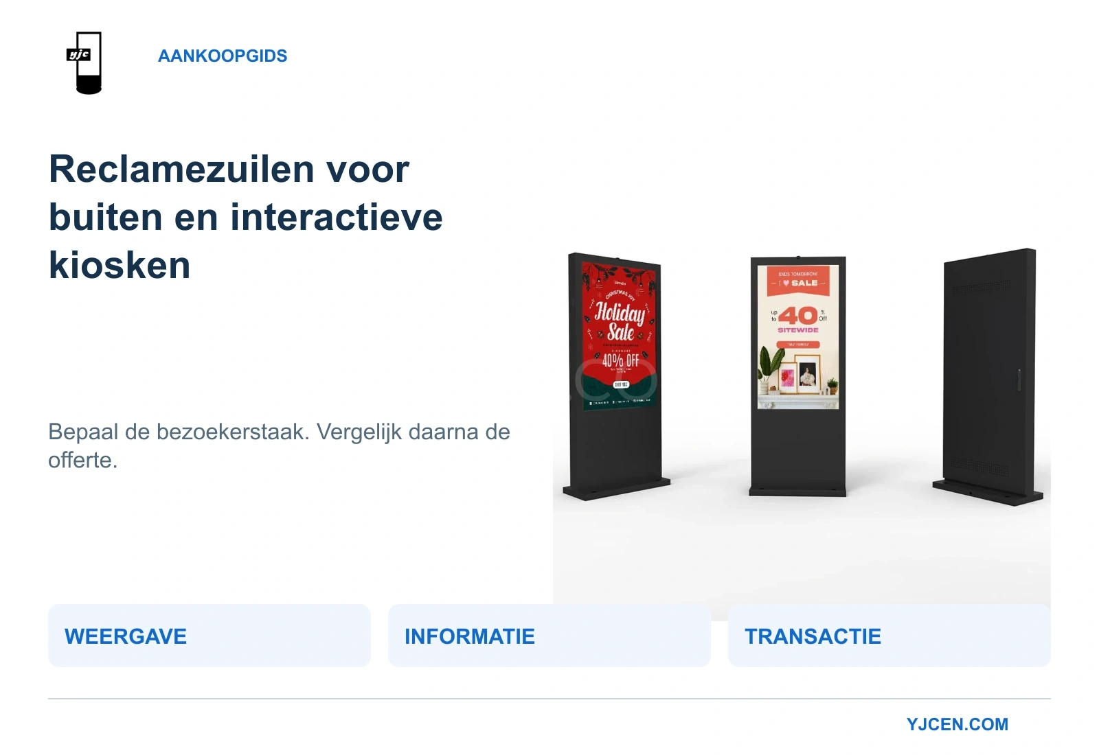 Digitale buitenkiosk van YJCEN van voren en achteren, naast drie projectfuncties: weergave, informatie en transactie.
