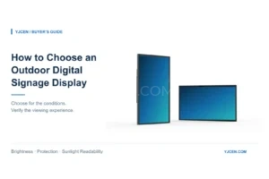 Display LCD da esterno verticali e orizzontali accanto al titolo della guida alla scelta del digital signage da esterno.