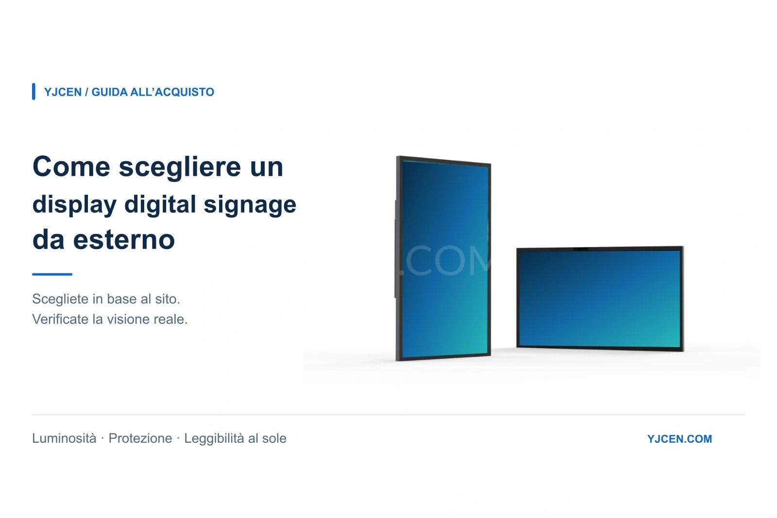Display LCD da esterno verticali e orizzontali accanto al titolo della guida alla scelta del digital signage da esterno.