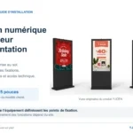 Vues avant et arrière originales des écrans LCD extérieurs sur pied YJCEN, avec les vérifications d’implantation pour les modèles de 43, 55 et 65 pouces.