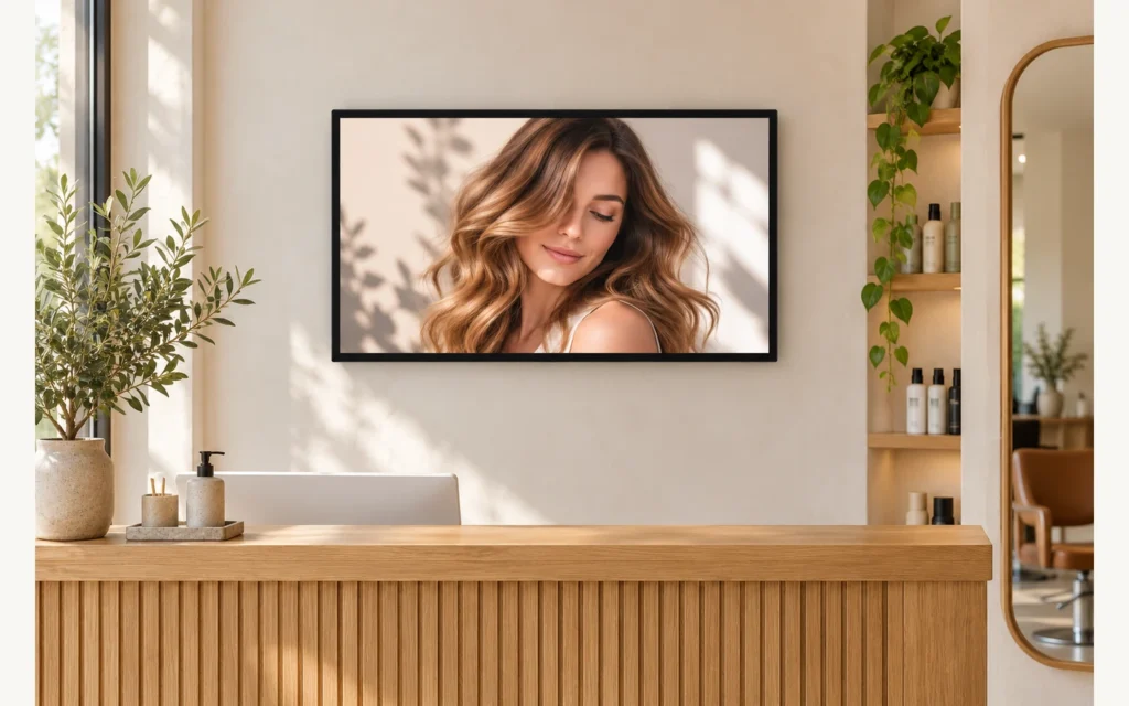 Pantalla de pared negra en horizontal que muestra una fotografía de un peinado sobre un mostrador de recepción de roble en un salón.