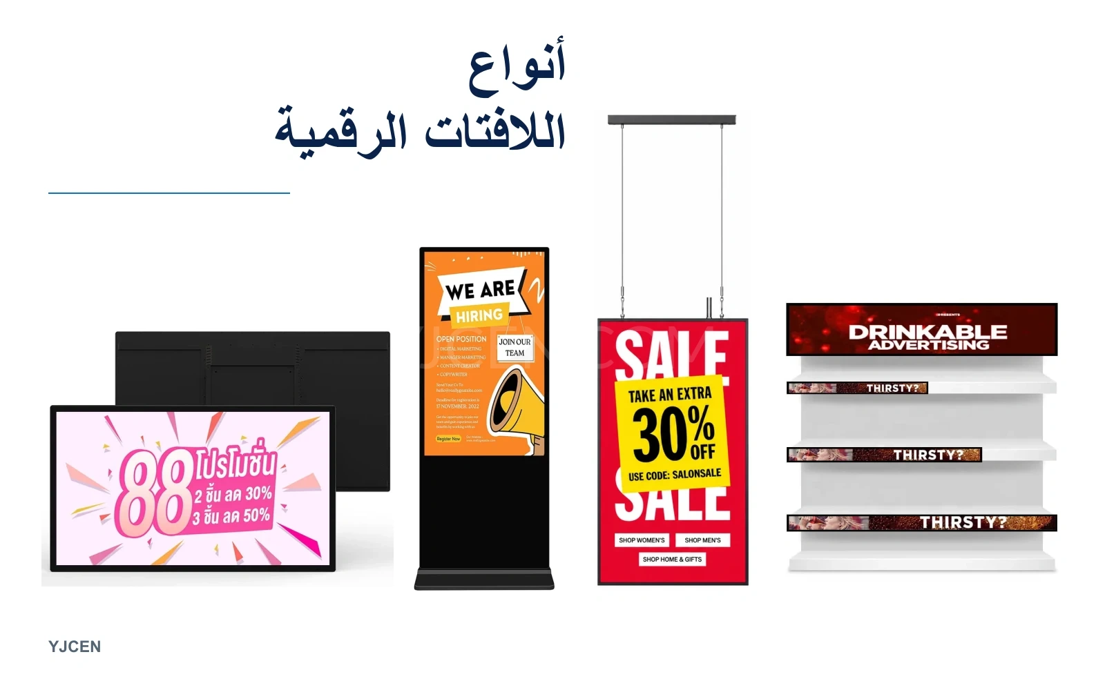 أمثلة YJCEN لشاشات حائطية وقائمة على الأرض ومعلقة للواجهات وشريطية تحت عنوان أنواع اللافتات الرقمية.