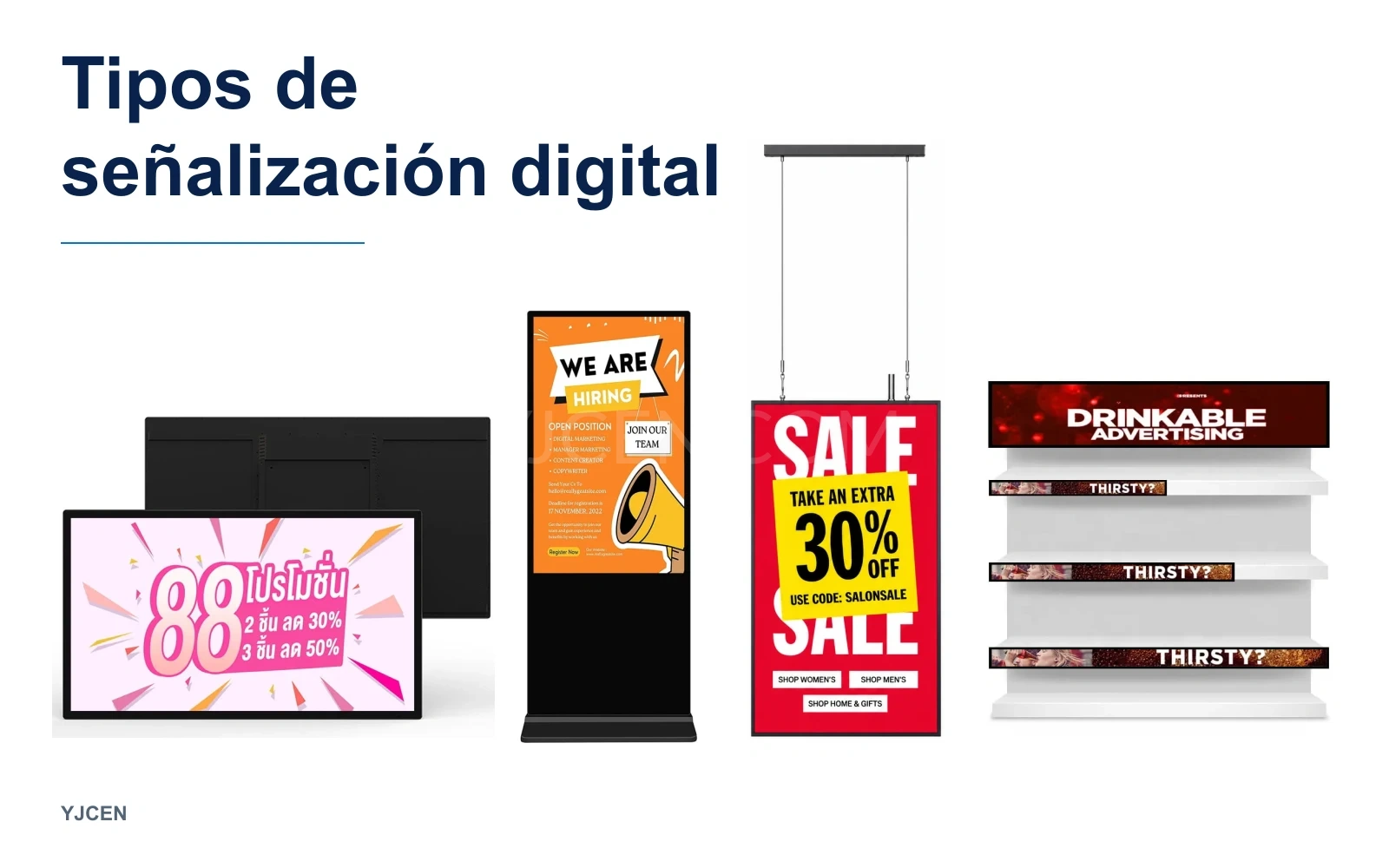 Ejemplos YJCEN de pantallas murales, de pie, suspendidas para escaparates y alargadas bajo el título Tipos de señalización digital.
