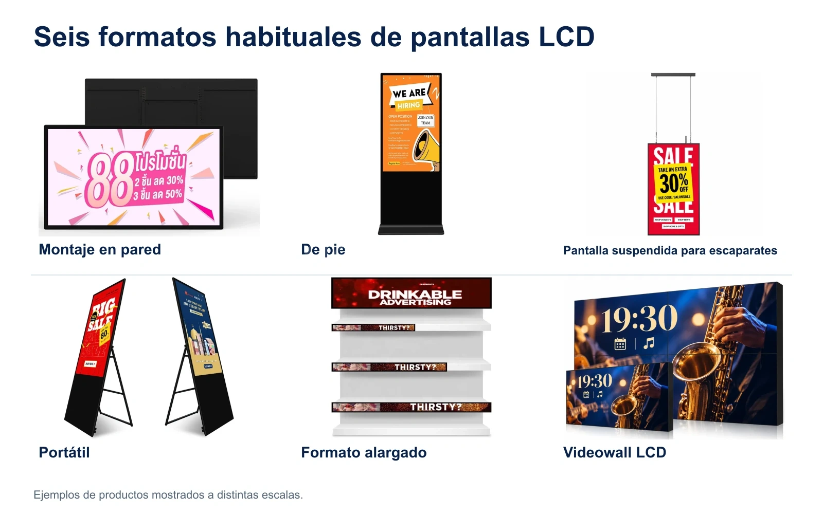Seis formatos LCD: mural, de pie, suspendido para escaparate, portátil con soporte plegable, pantallas alargadas de estante y videowall LCD.