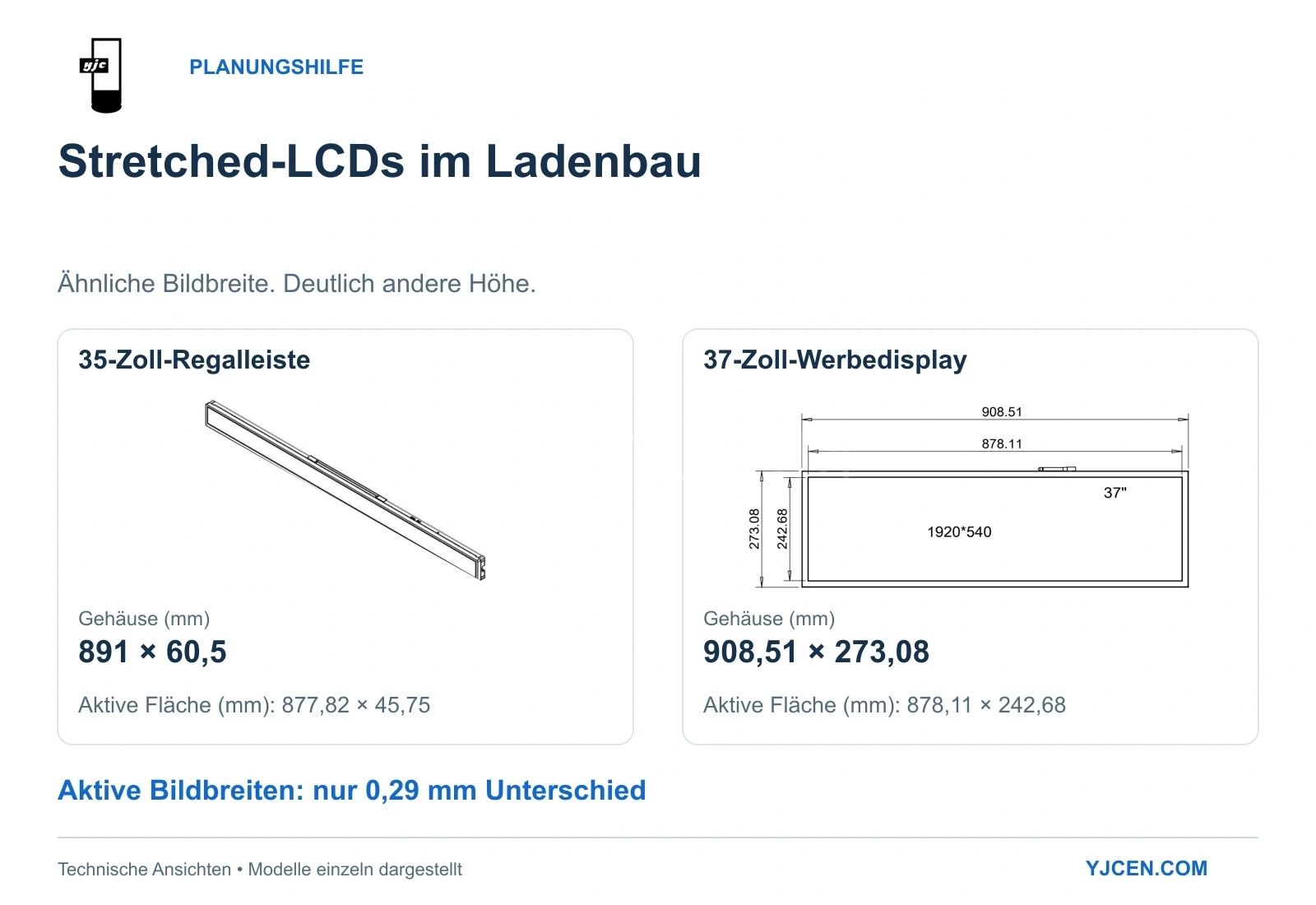 Technische YJCEN-Ansichten: isometrische 35-Zoll-Ansicht und 37-Zoll-Frontansicht zeigen ähnliche aktive Breiten und unterschiedliche Gehäusehöhen.
