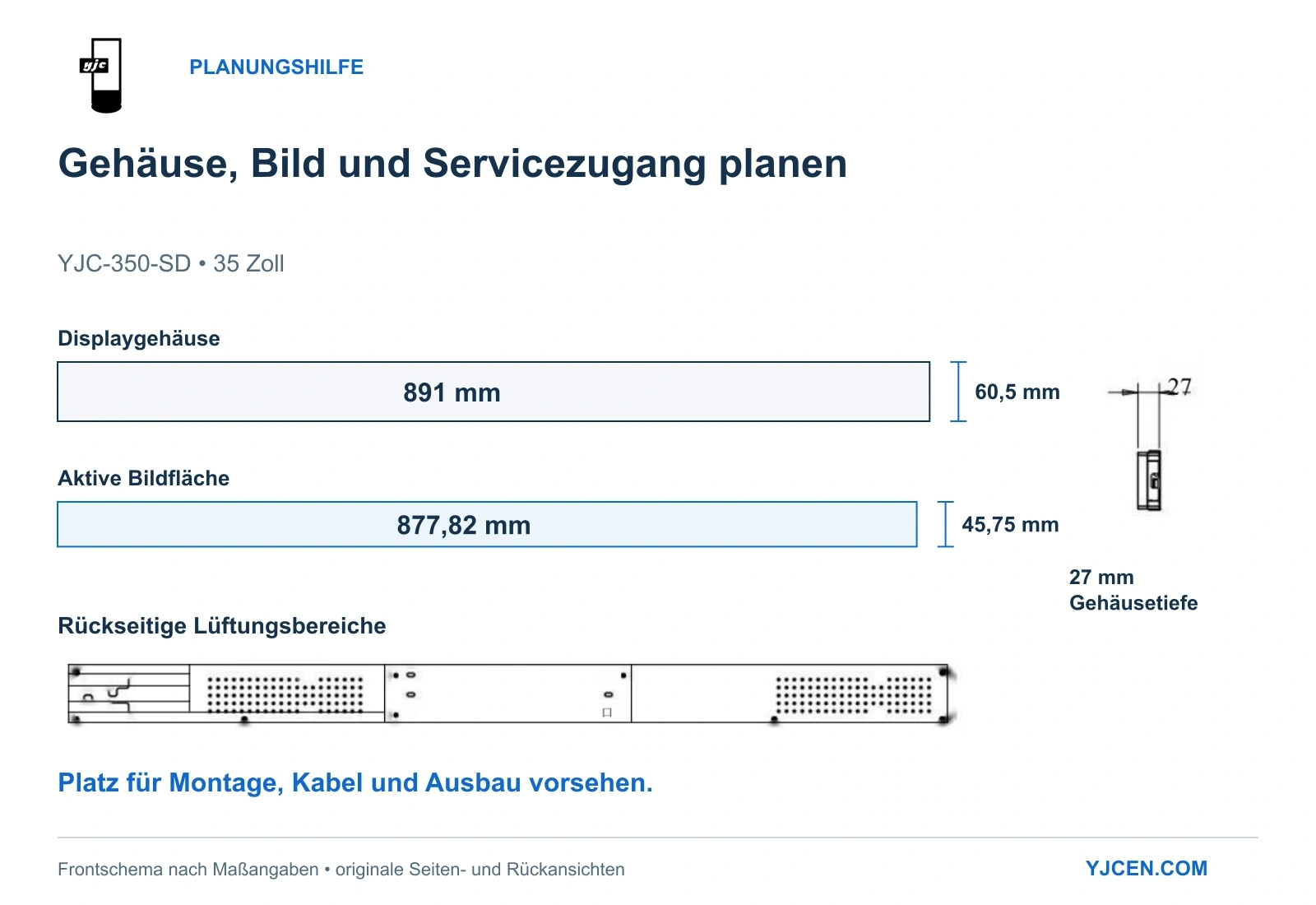 Maßreferenz YJC-350-SD: Gehäuse 891 × 60,5 mm, aktive Fläche 877,82 × 45,75 mm und Gehäusetiefe 27 mm; originale Seiten- und Rückansichten.