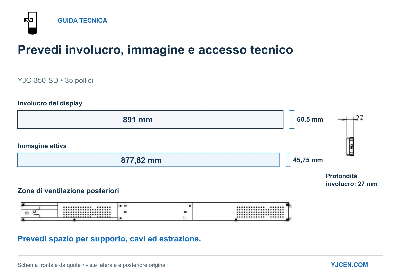 Riferimento dimensionale YJC-350-SD: involucro 891 × 60,5 mm, area attiva 877,82 × 45,75 mm e profondità 27 mm, con viste laterale e posteriore originali.