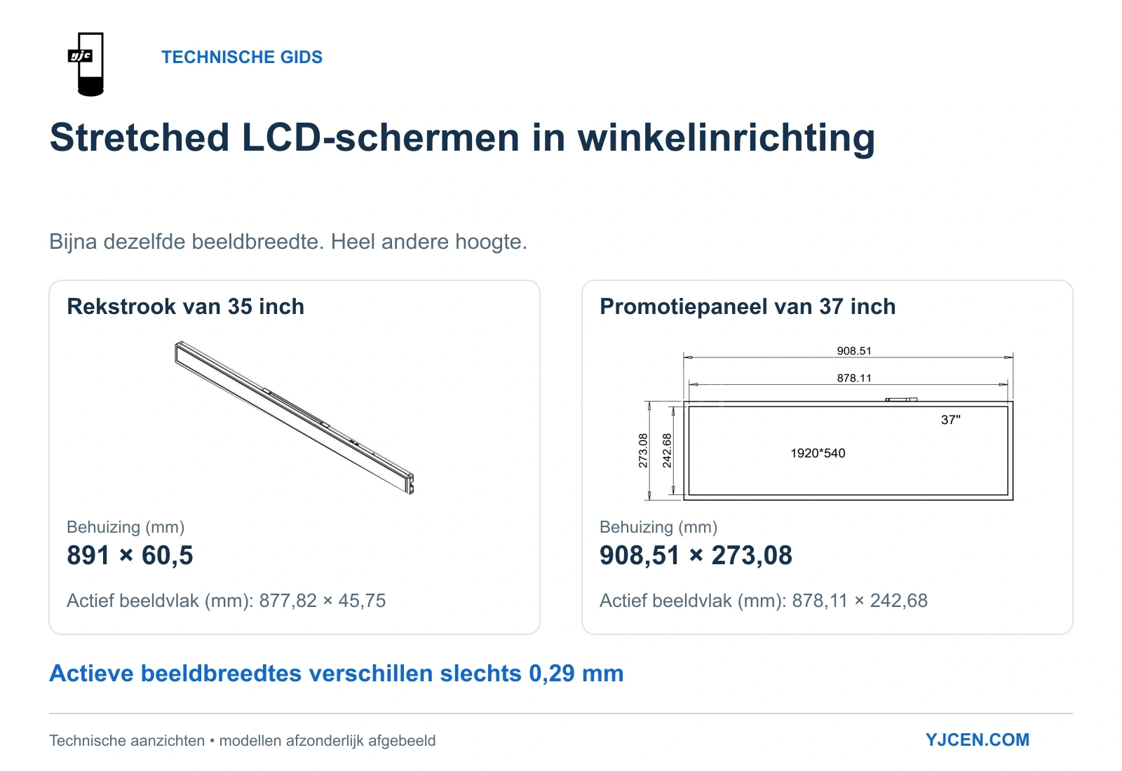 Technische YJCEN-aanzichten: perspectief van 35 inch en vooraanzicht van 37 inch, met bijna gelijke actieve breedtes en verschillende behuizingshoogtes.