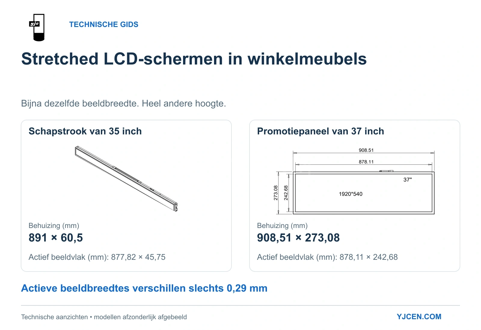 Technische YJCEN-aanzichten: perspectief van 35 inch en vooraanzicht van 37 inch, met bijna gelijke actieve breedtes en verschillende behuizingshoogtes.