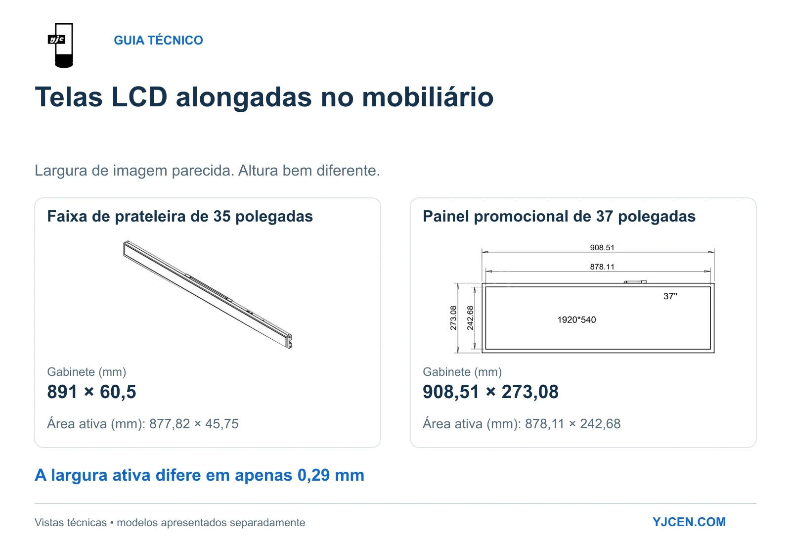 Vistas técnicas YJCEN: perspectiva de 35 polegadas e vista frontal de 37 polegadas, com larguras ativas semelhantes e alturas de gabinete diferentes.