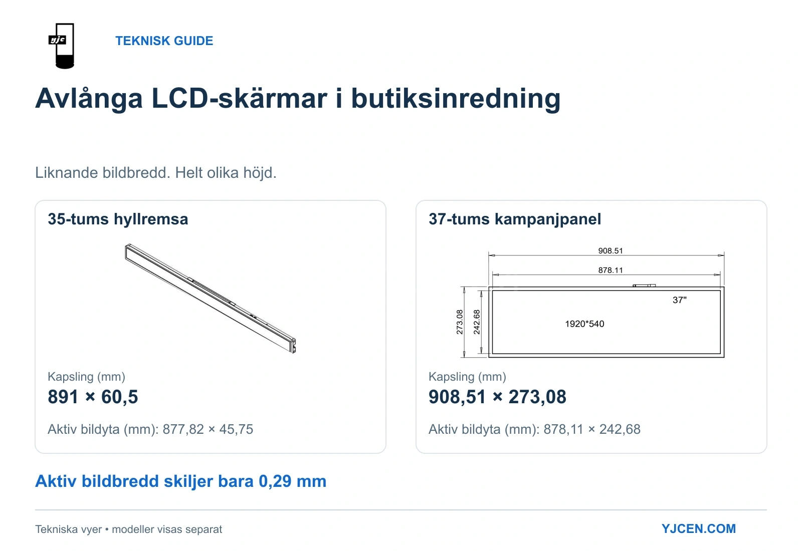 Tekniska YJCEN-vyer: perspektiv av 35-tumsmodellen och framvy av 37-tumsmodellen visar nästan lika aktiva bredder och olika kapslingshöjder.