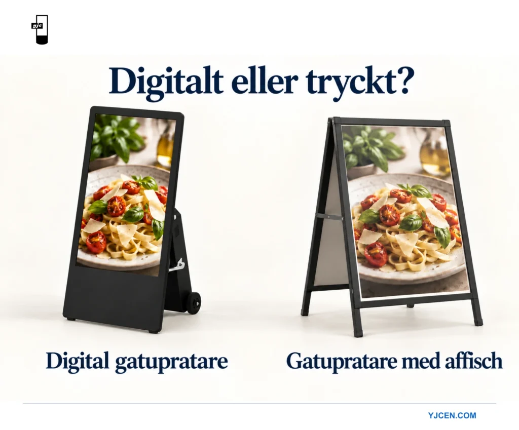 En digital gatupratare och en A-formad skylt med tryckt budskap visar samma matbild sida vid sida.
