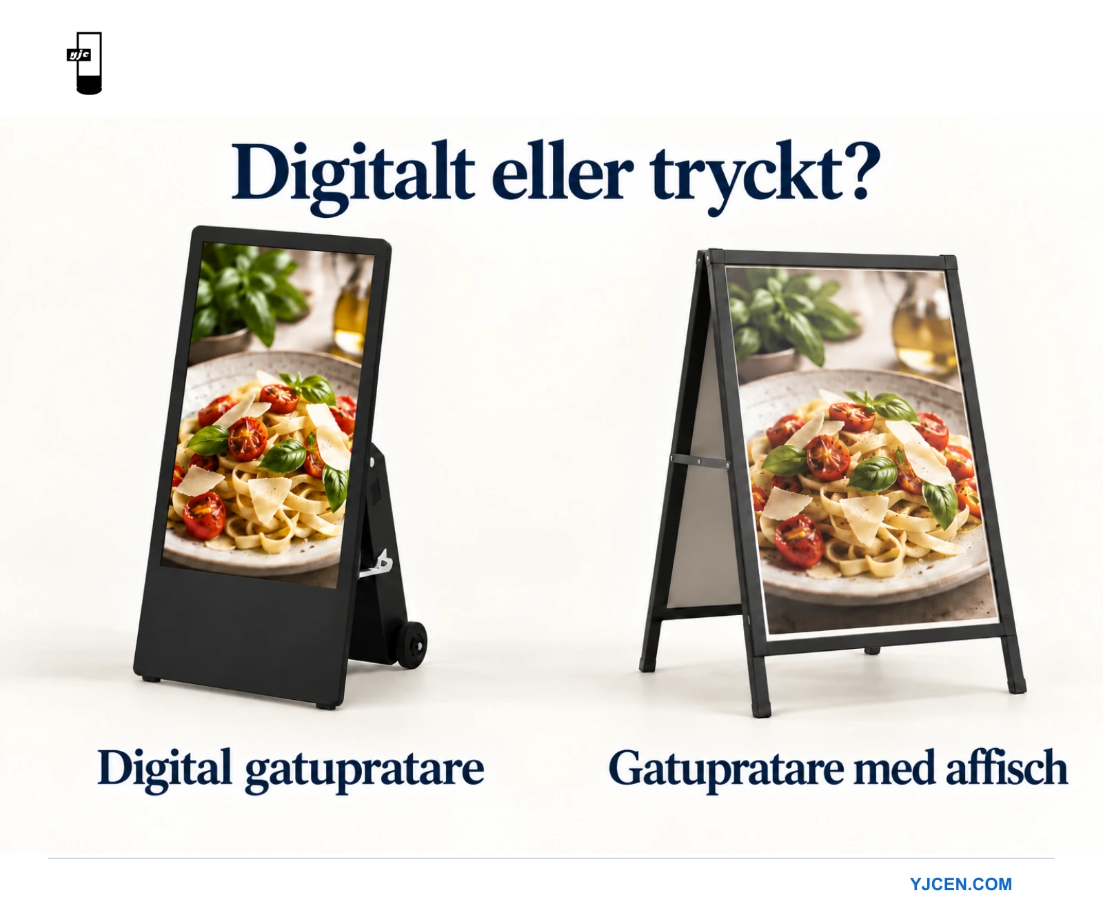 En digital gatupratare och en A-formad skylt med tryckt budskap visar samma matbild sida vid sida.