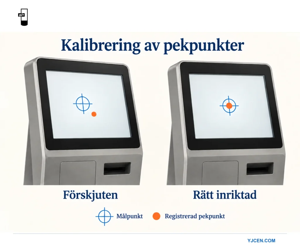 Två terminalskärmar jämför en förskjuten pekpunkt med en punkt som ligger rätt på målet.