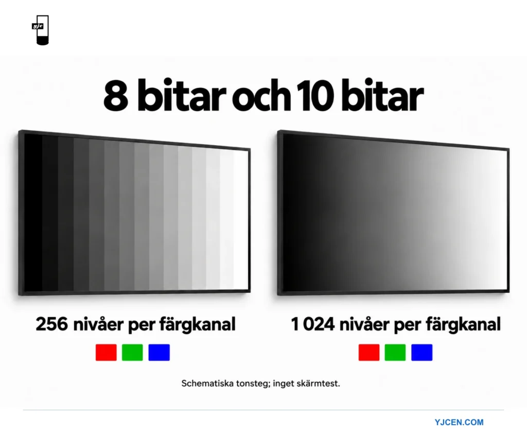 Två illustrationer av professionella skärmar jämför 256 och 1 024 nivåer per färgkanal.