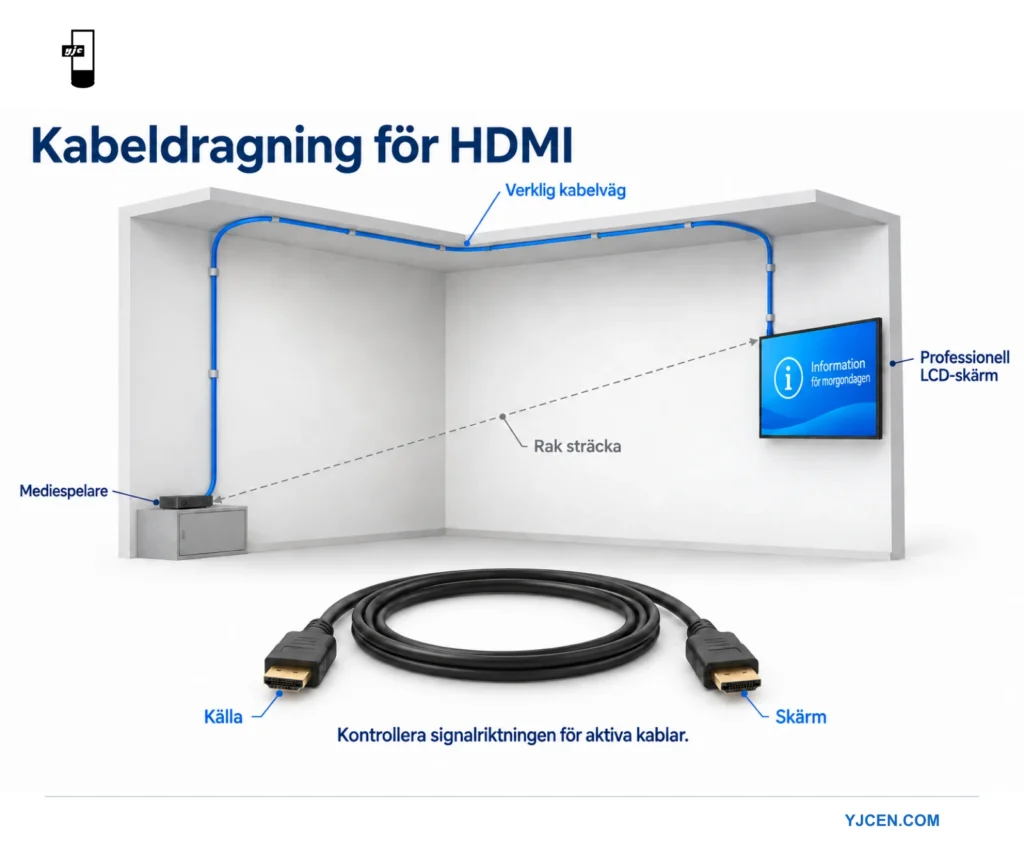 En blå HDMI-kabelväg följer vägg och tak mellan spelare och skärm och jämförs med det kortare direkta avståndet.