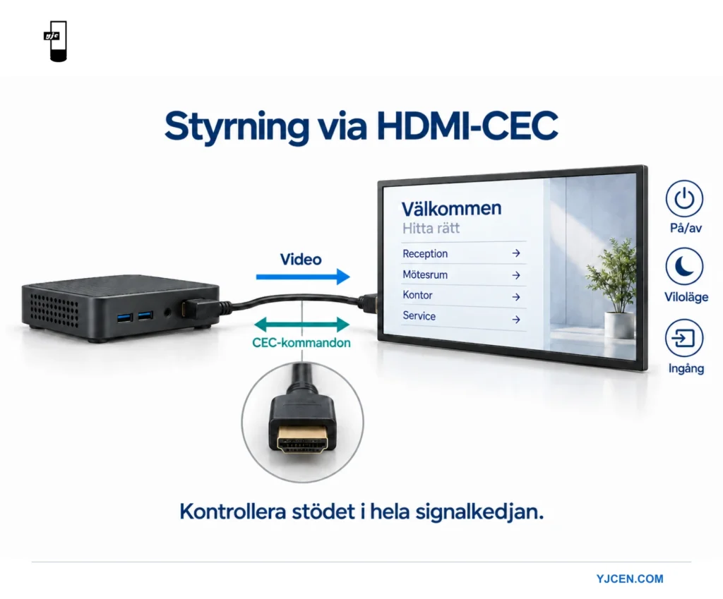En skyltningsspelare och en professionell skärm är anslutna med HDMI, med separata pilar för video och CEC-kommandon.