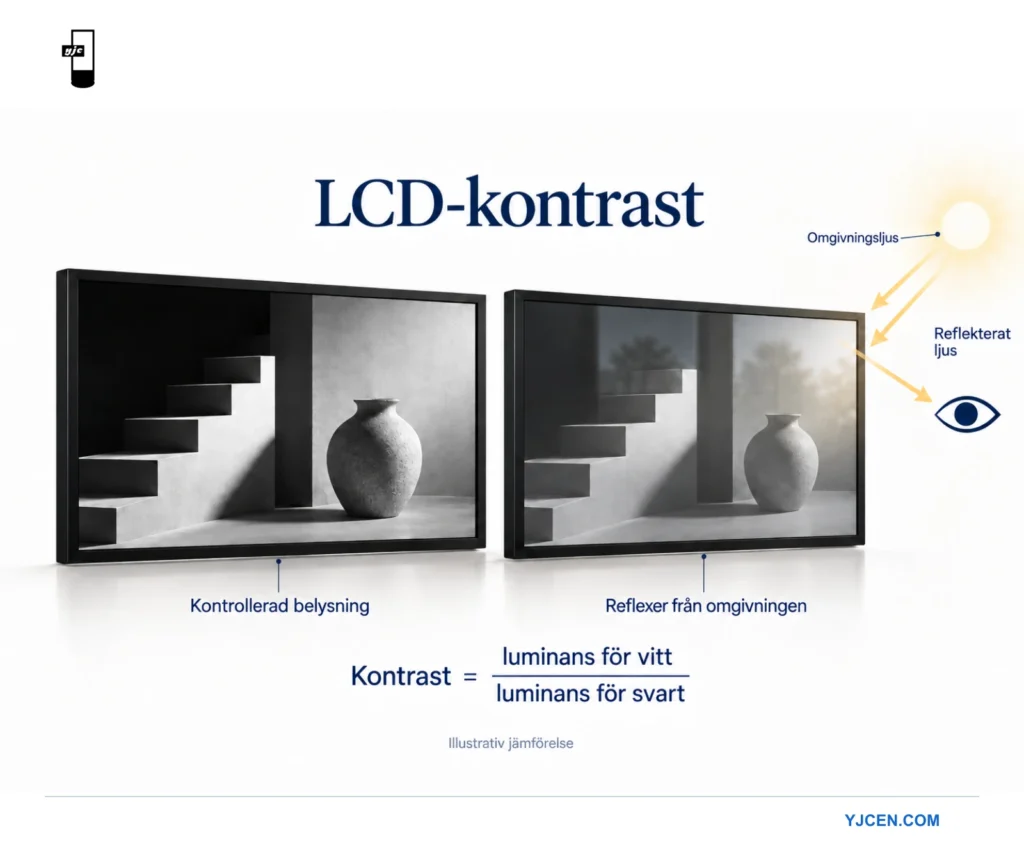 Två professionella LCD-paneler jämför kontrollerad belysning och omgivningsreflexer intill formeln för kontrastförhållande.