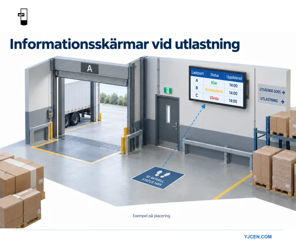 Ett lagers lastområde med en utleveransskärm som visar portstatus och uppdateringstider, betraktad från markerad ståplats.