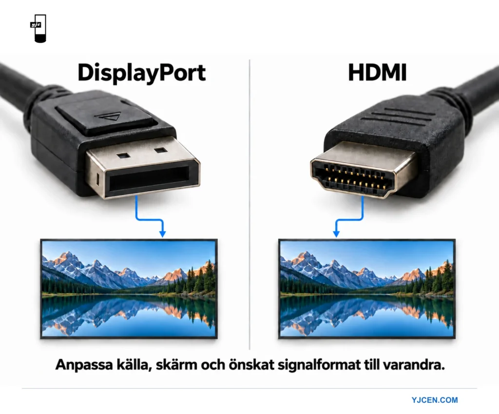 Illustrationer av DisplayPort- och HDMI-kontakter ovanför två professionella skärmpaneler.