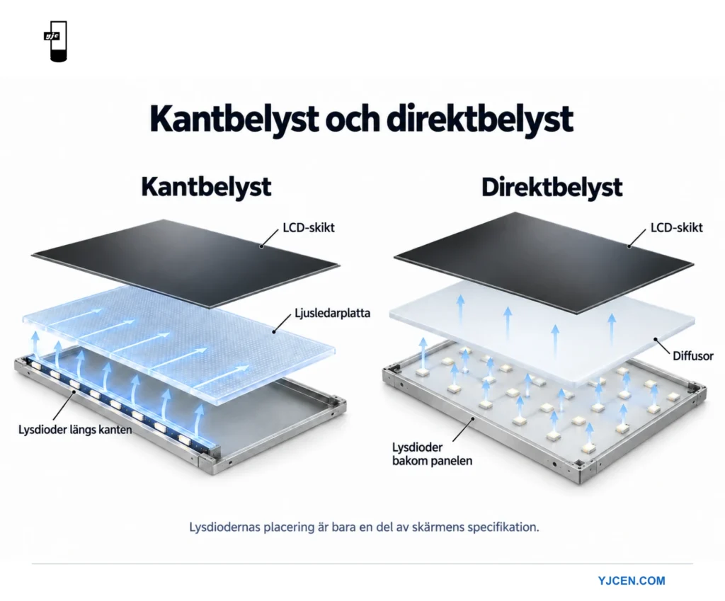 Sprängskiss som jämför kantplacerade lysdioder och ljusledarplatta med bakre lysdioder och diffusor.