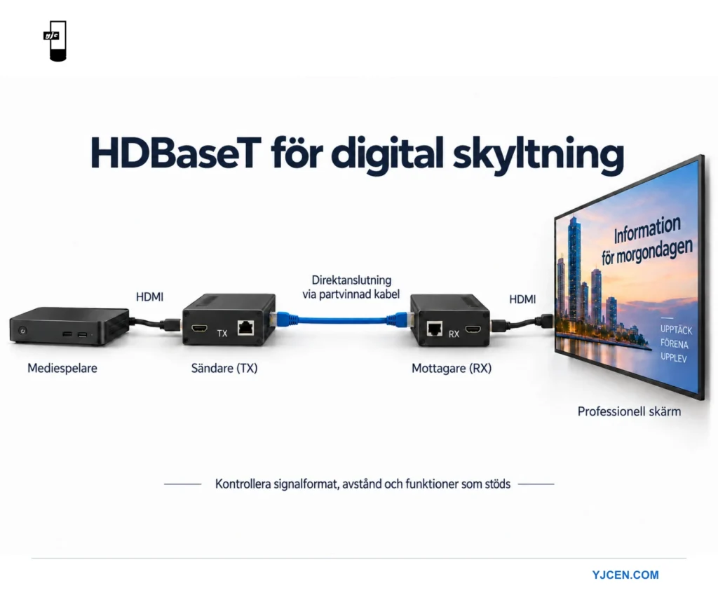 Mediespelare, HDBaseT-sändare och mottagare samt professionell skärm anslutna i följd.
