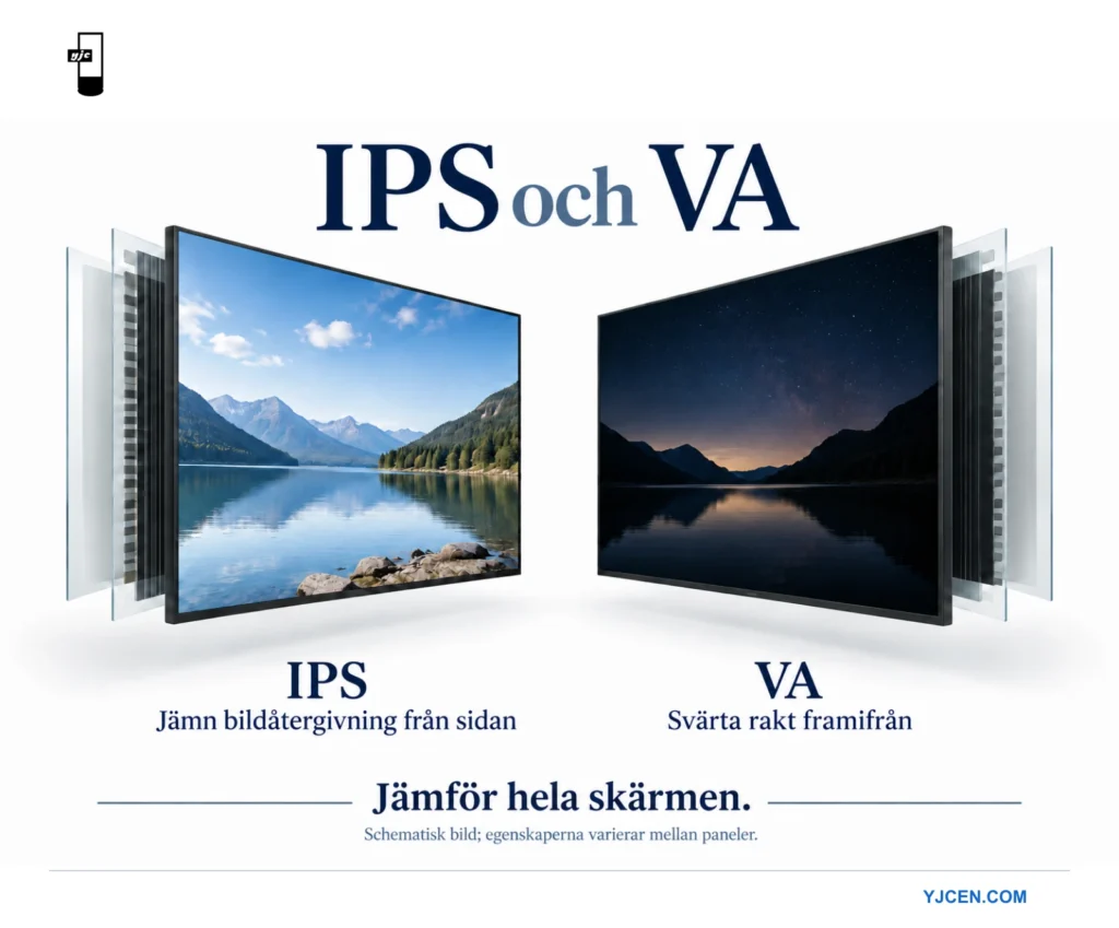 Illustrerade IPS- och VA-paneler med markeringar för bildens vinkelberoende och svärta rakt framifrån.