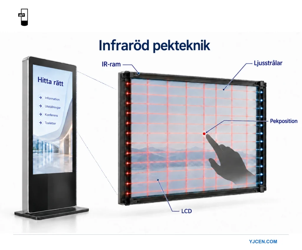 En professionell terminal bredvid en förstorad infraröd pekram med korsande ljusstrålar och en beröringspunkt.