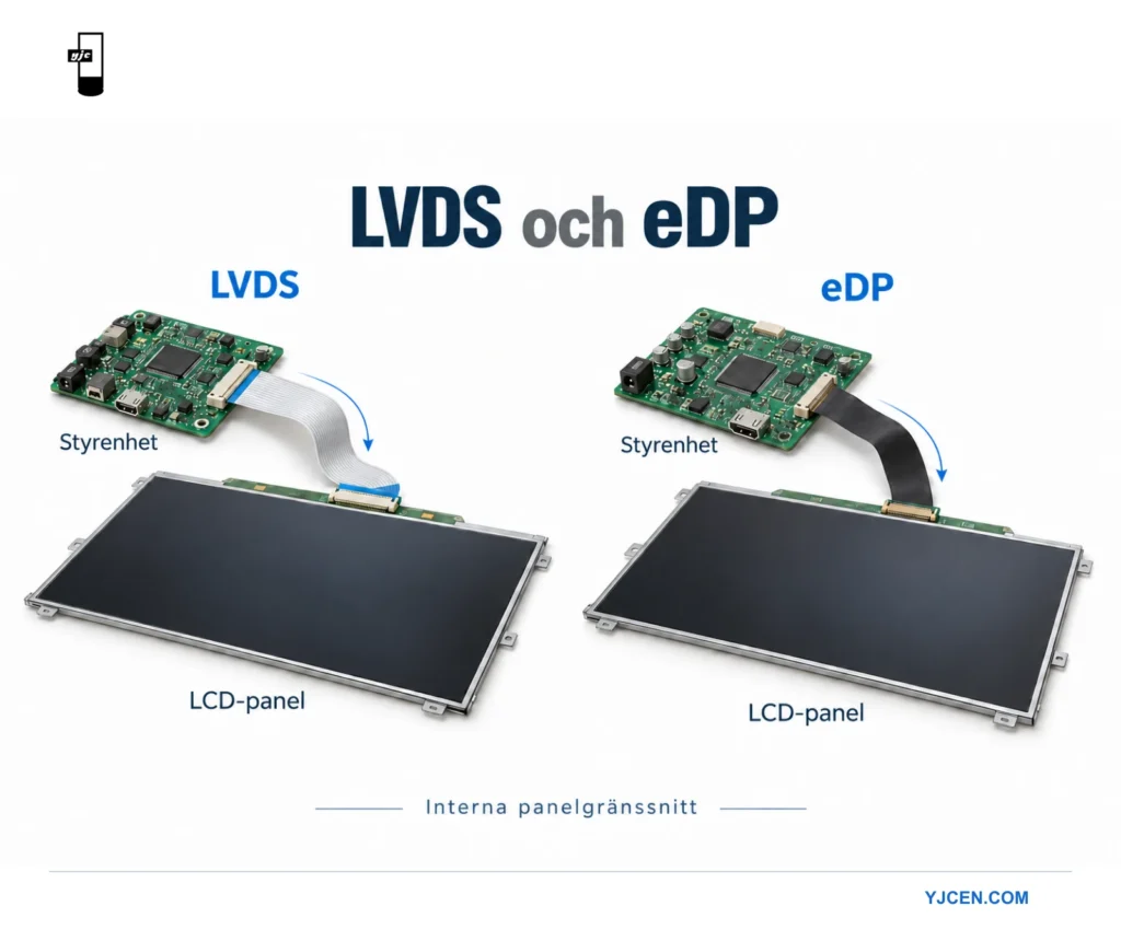 Två separata styrenheter och LCD-paneler som illustrerar interna LVDS- och eDP-anslutningar.