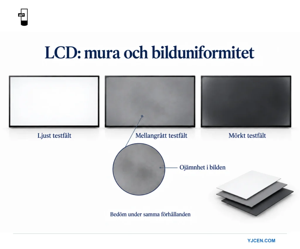 Tre LCD-paneler visar ljusa, mellangrå och mörka fält med ett förstorat exempel på en molnliknande ojämn fläck.