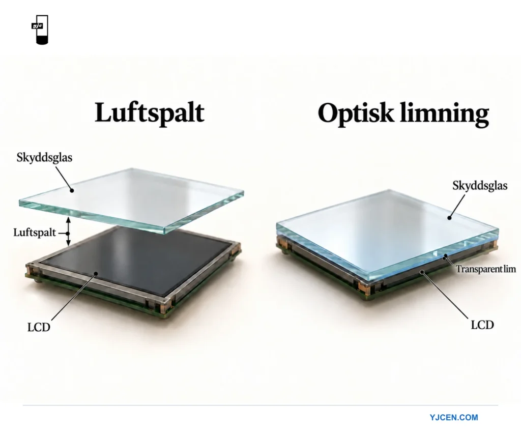 Genomskärning av täckglas över en LCD med antingen luftspalt eller transparent optiskt lim mellan skikten.