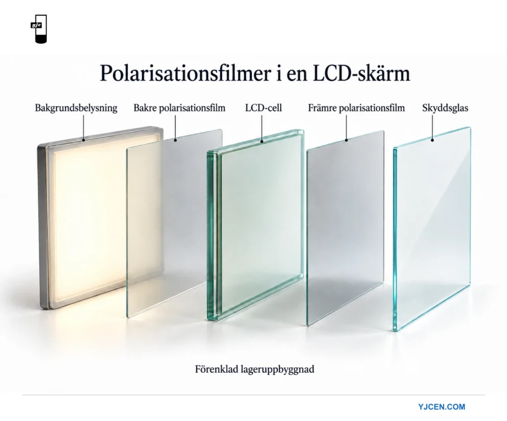 Förenklad sprängskiss med bakgrundsbelysning, bakre polarisator, LCD-cell, främre polarisator och skyddsglas.