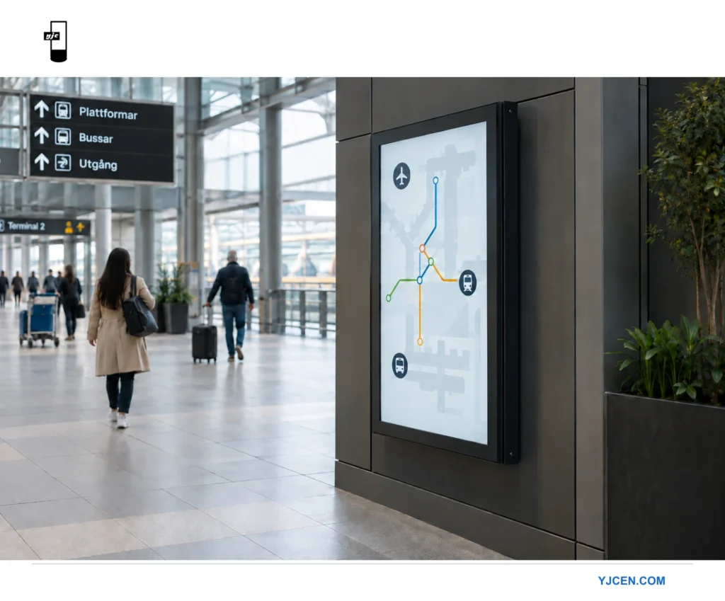 En stående informationsskärm med mörk metallram är monterad vid en gångväg i en kollektivtrafikterminal.