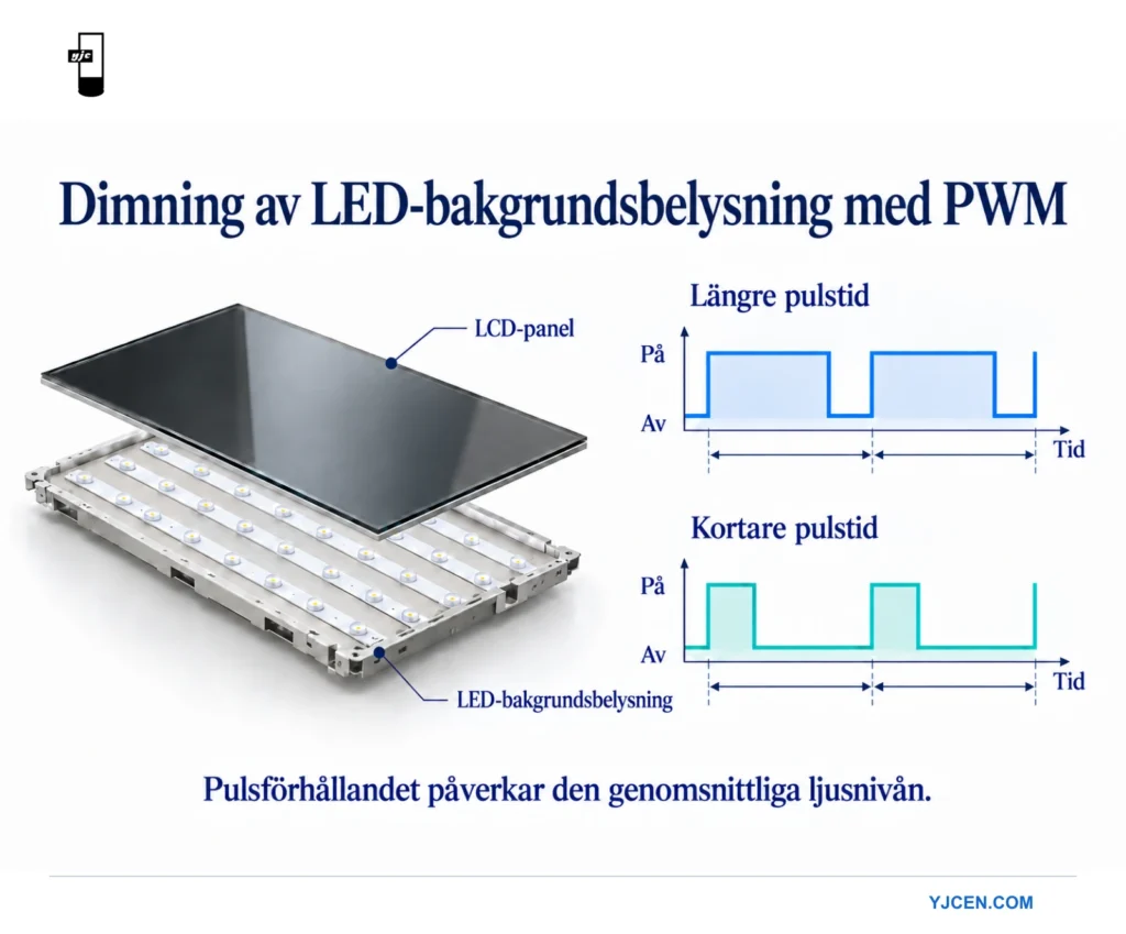 Sprängskiss av LCD och LED-bakgrundsbelysning intill pulsdiagram med samma period men olika långa påtider.