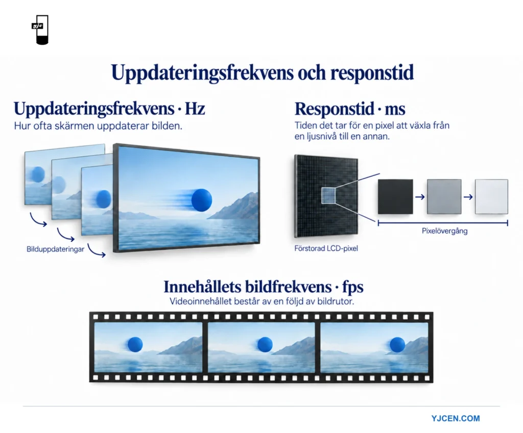 Illustration som skiljer skärmens uppdateringsfrekvens i hertz, LCD-pixelns övergångstid i millisekunder och innehållets bildfrekvens åt.