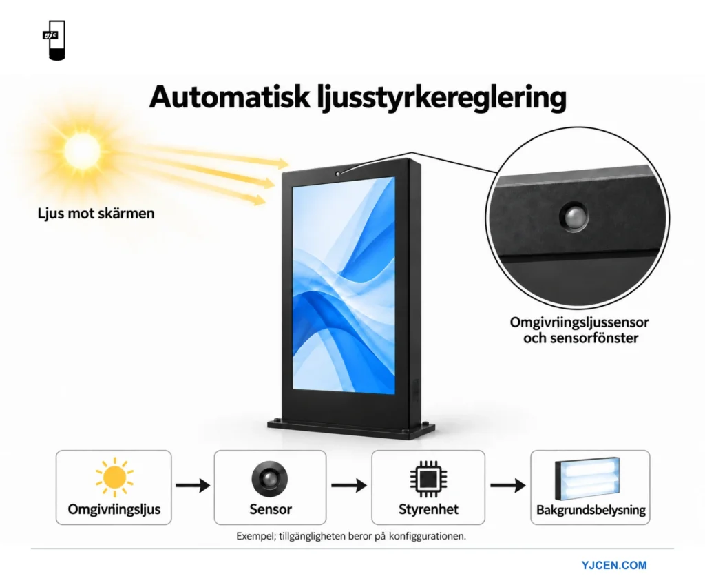 Ljus når en sensor på en golvstående skärm, med ett flöde från sensor till styrenhet och bakgrundsbelysning.