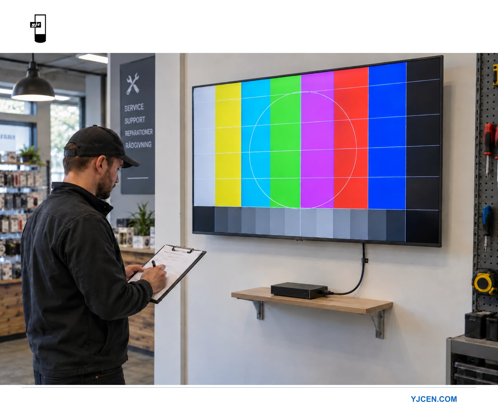 En installatör granskar en checklista vid en väggmonterad skärm som visar ett testmönster, med ansluten mediespelare.