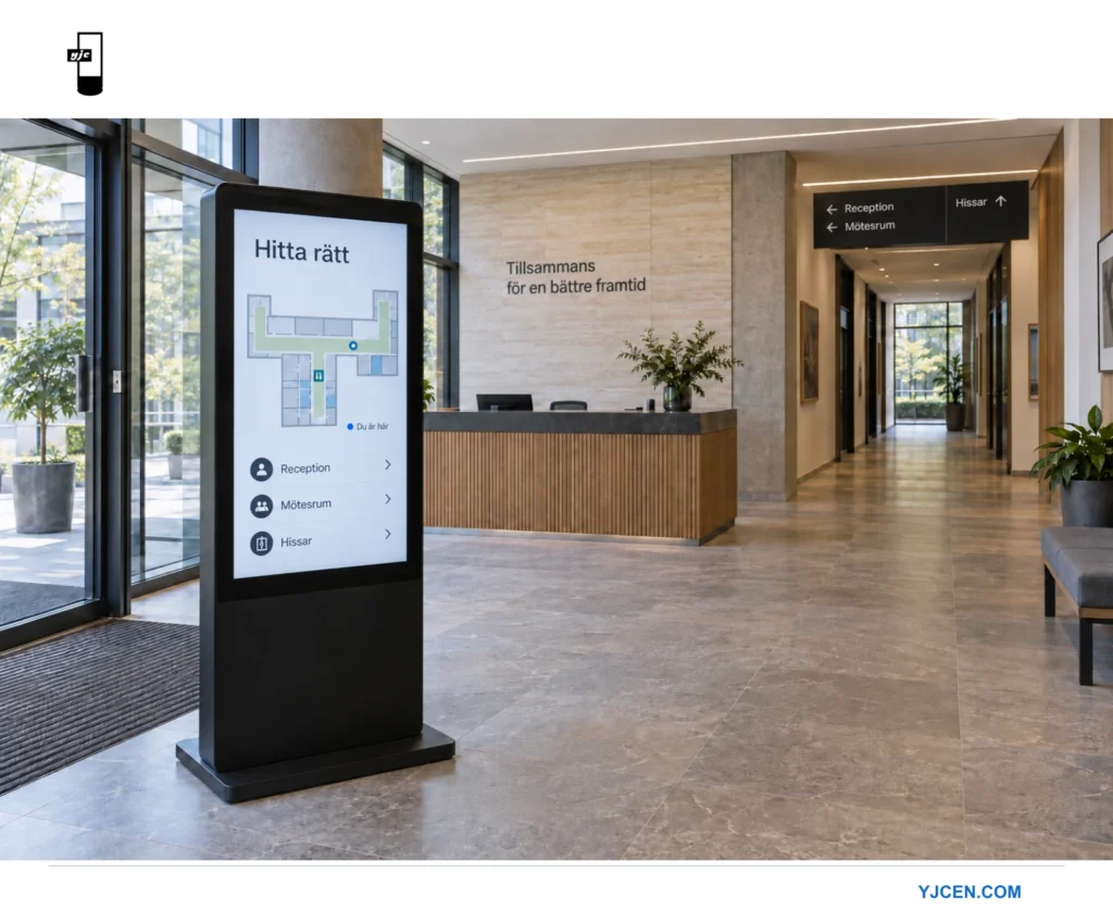 En golvstående pekterminal i en lobby visar en våningskarta bredvid en lista med besöksmål.