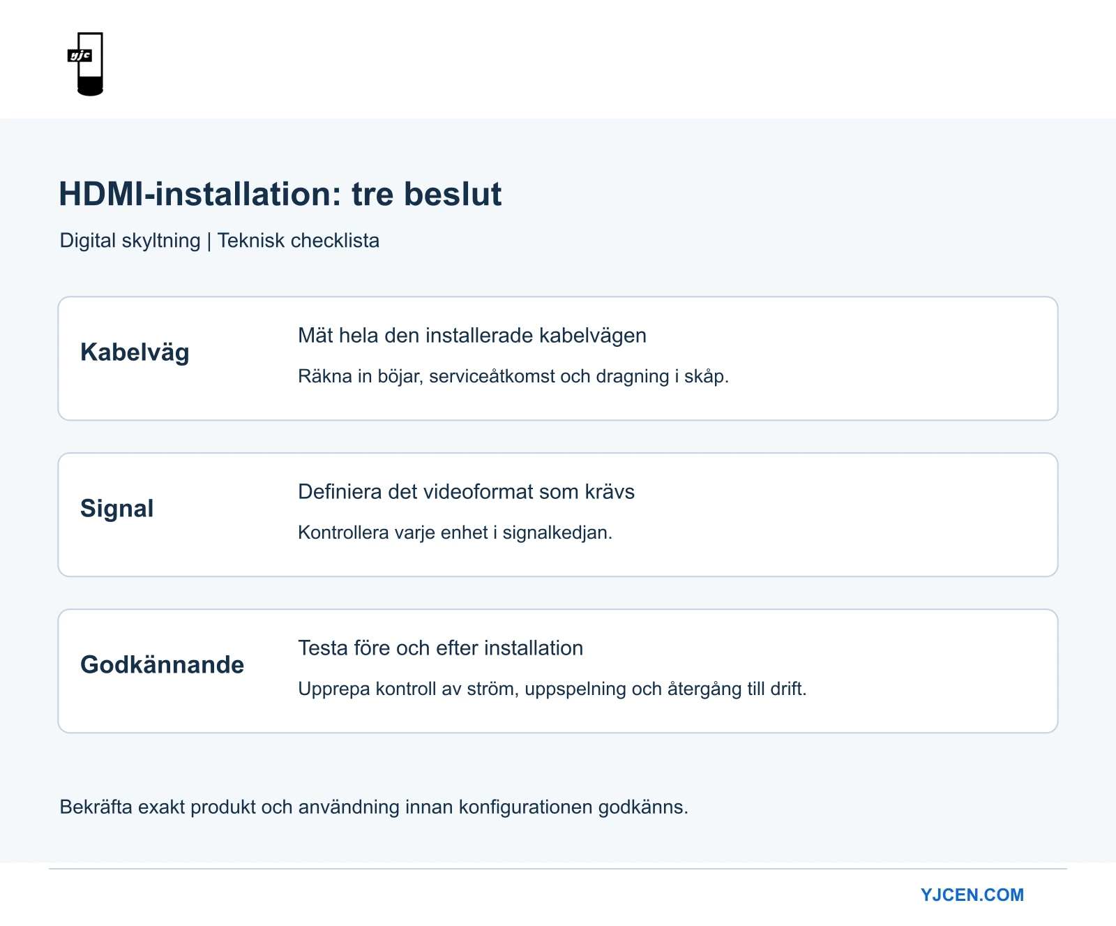 Tre kontroller för en HDMI-installation: kabelsträcka, signalkrav och test av den installerade kedjan.