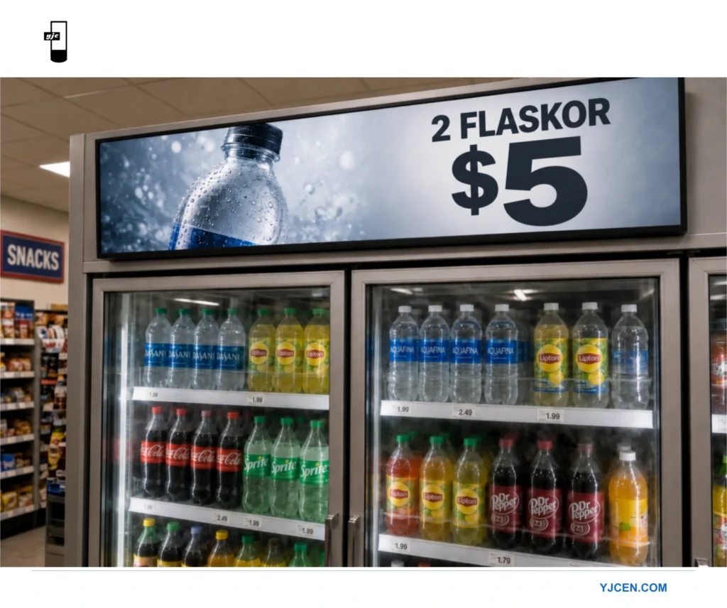 Långsmal LCD-skärm på en dryckeskyl visar en vattenflaska med kondens och erbjudandet två flaskor för 5 dollar