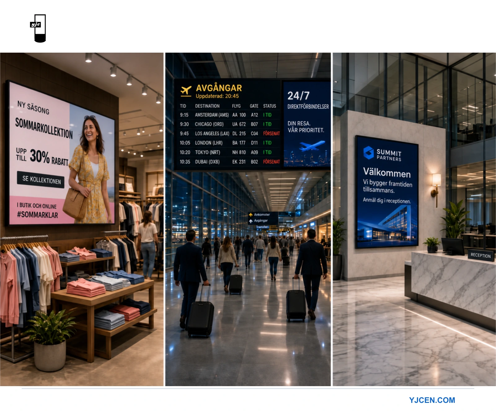 Tre exempel på digital skyltning: sommarrea i butik, avgångstavla på en flygplats och välkomstskärm på ett företagskontor