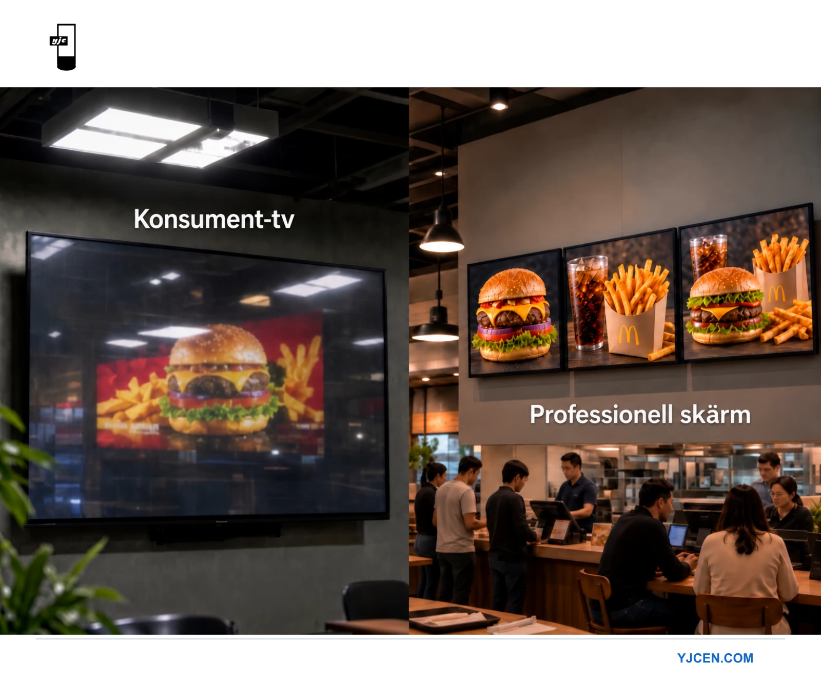 Jämförelse mellan konsument-TV och professionell skärm på en snabbmatsrestaurang, med hamburgerreklam på en vanlig TV och professionella digitala menytavlor