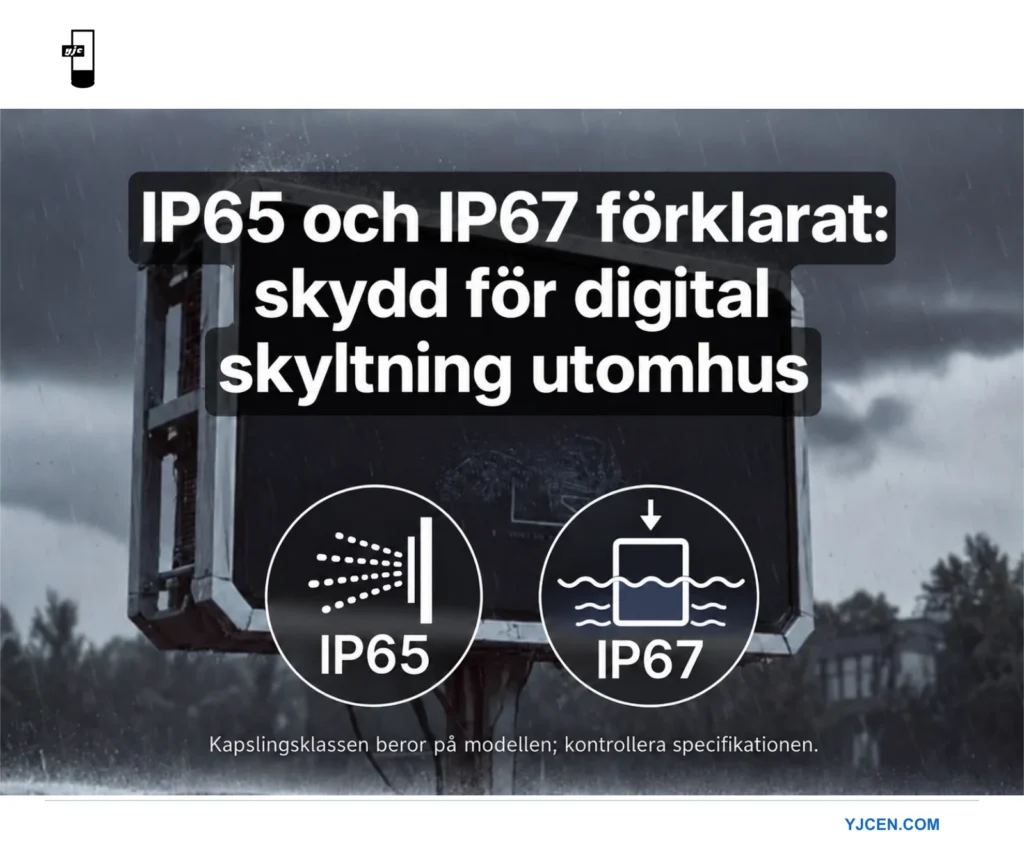 Guide till kapslingsklasserna IP65 och IP67 för digital skyltning utomhus med förklaring av damm- och vattenskydd