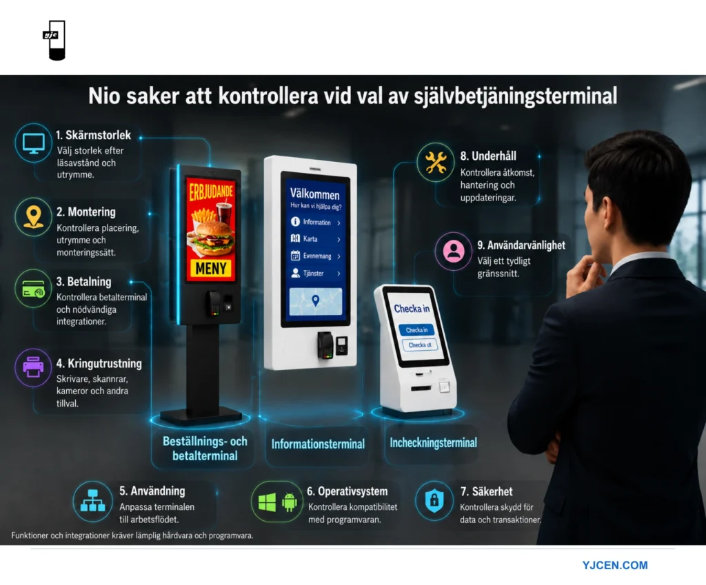 Infografik med nio viktiga kontrollpunkter inför val av självbetjäningsterminal, med terminaler för transaktioner, information och incheckning samt en person som granskar alternativen