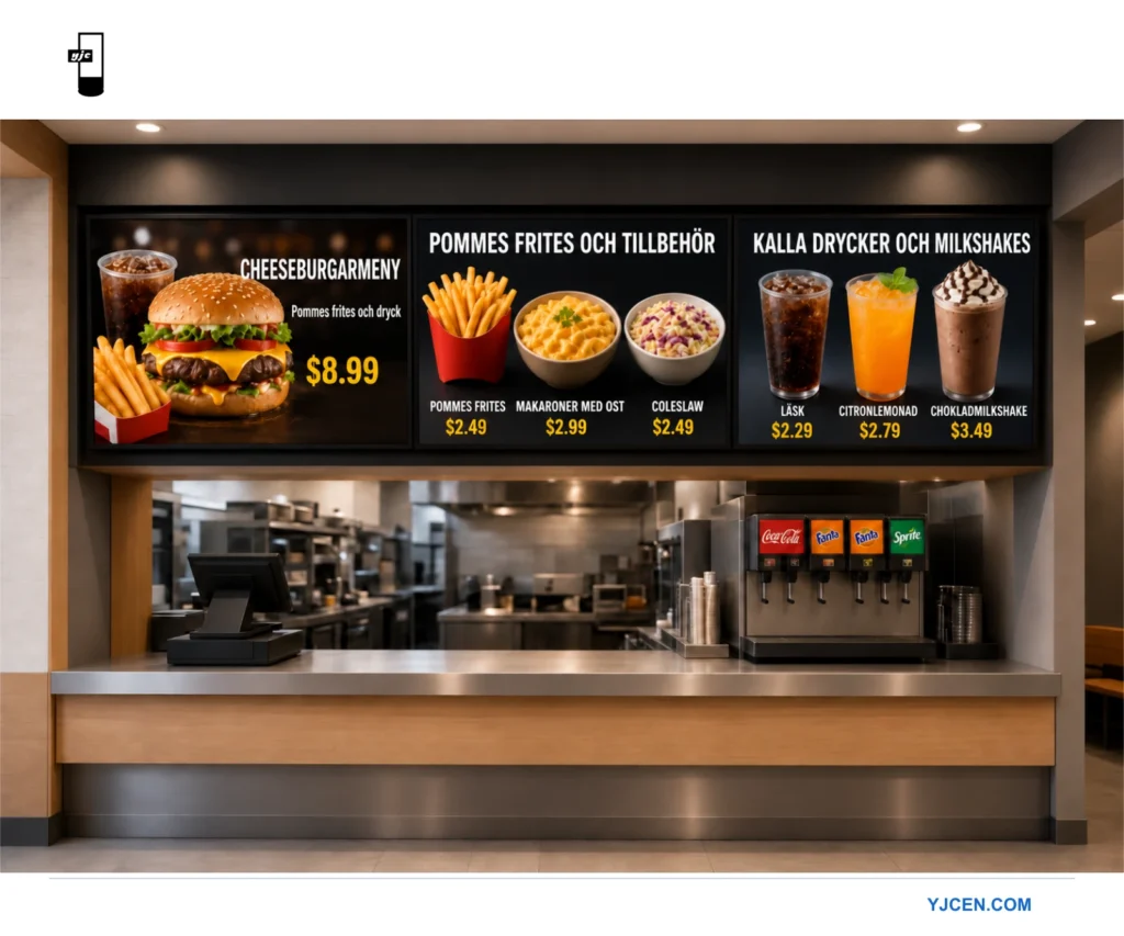 Digital menytavla ovanför en restaurangdisk med cheeseburgermeny, pommes frites, tillbehör, kalla drycker och milkshakes med priser; kassasystem och dryckesautomat syns vid disken