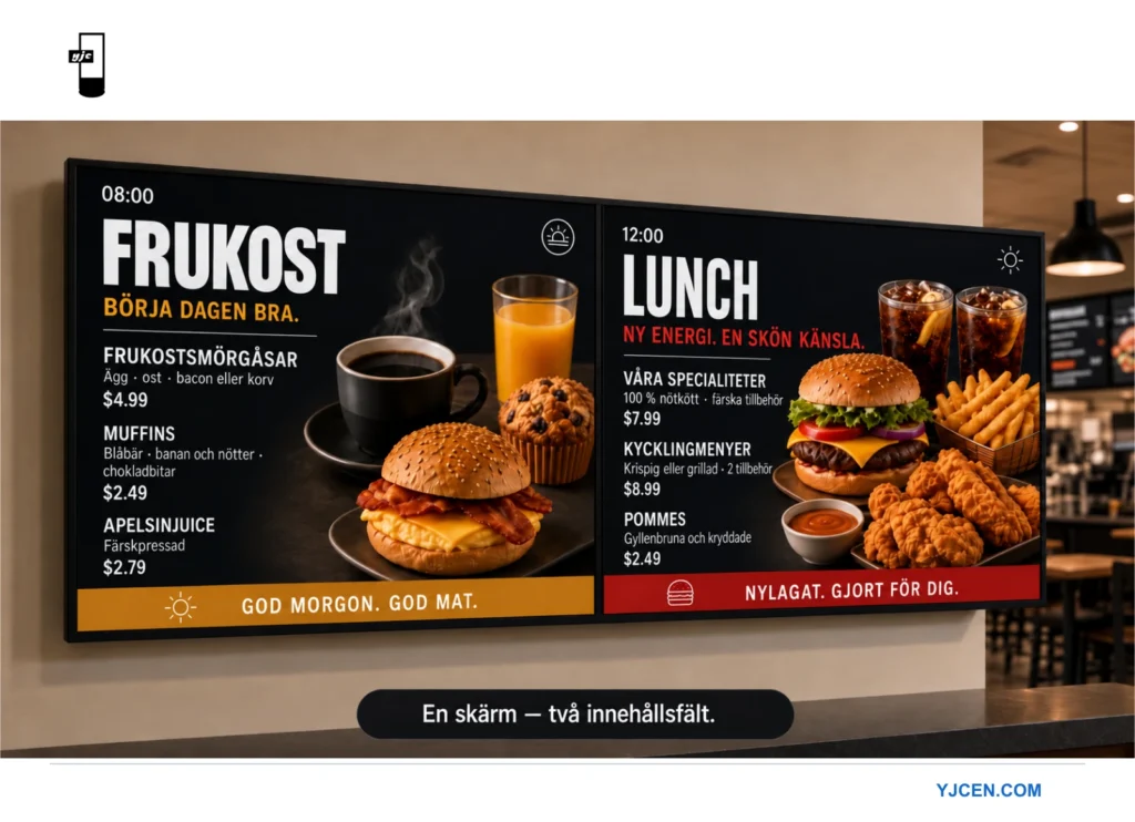 Digital menytavla med delad skärmyta för frukost till vänster och lunch till höger, som exempel på innehåll för olika tider på dagen