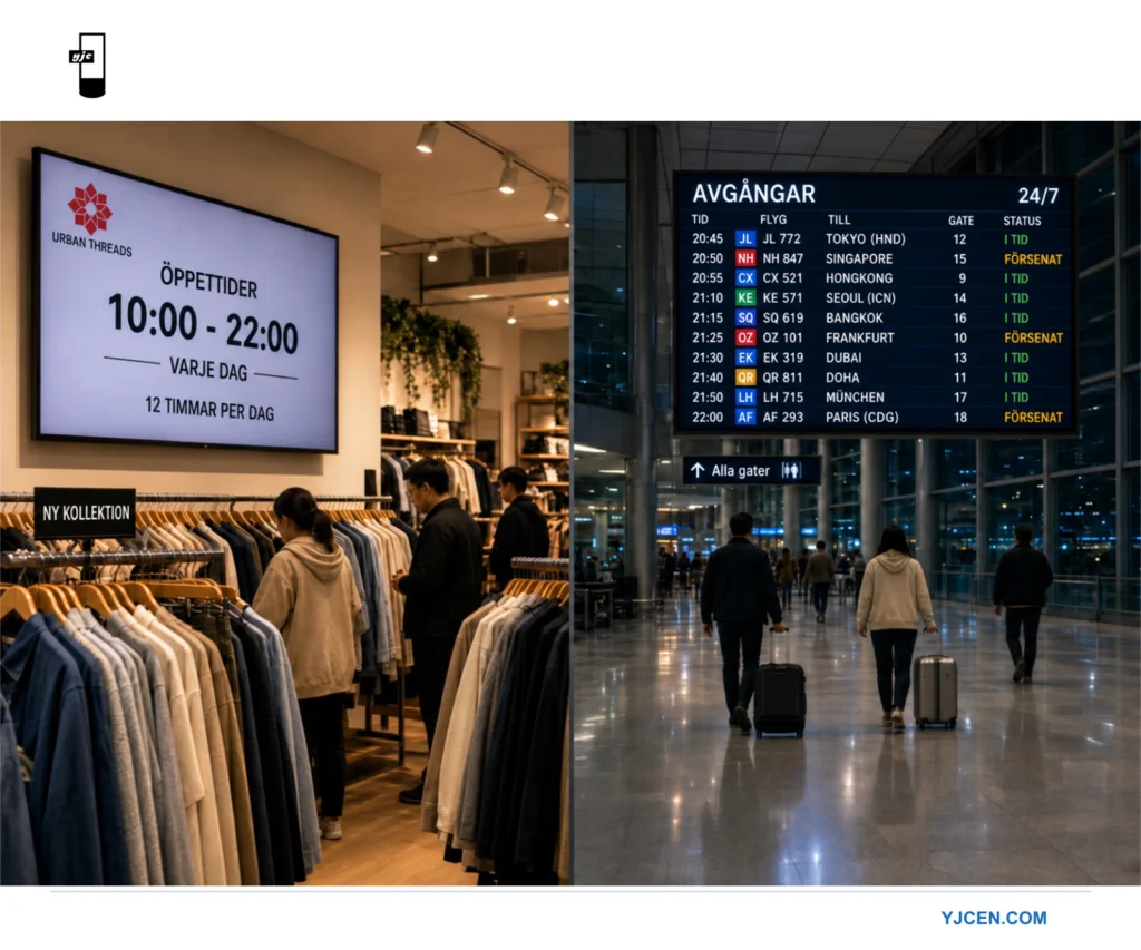 Delad bild med en butiksskärm som visar öppettider och en avgångstavla på en flygplats