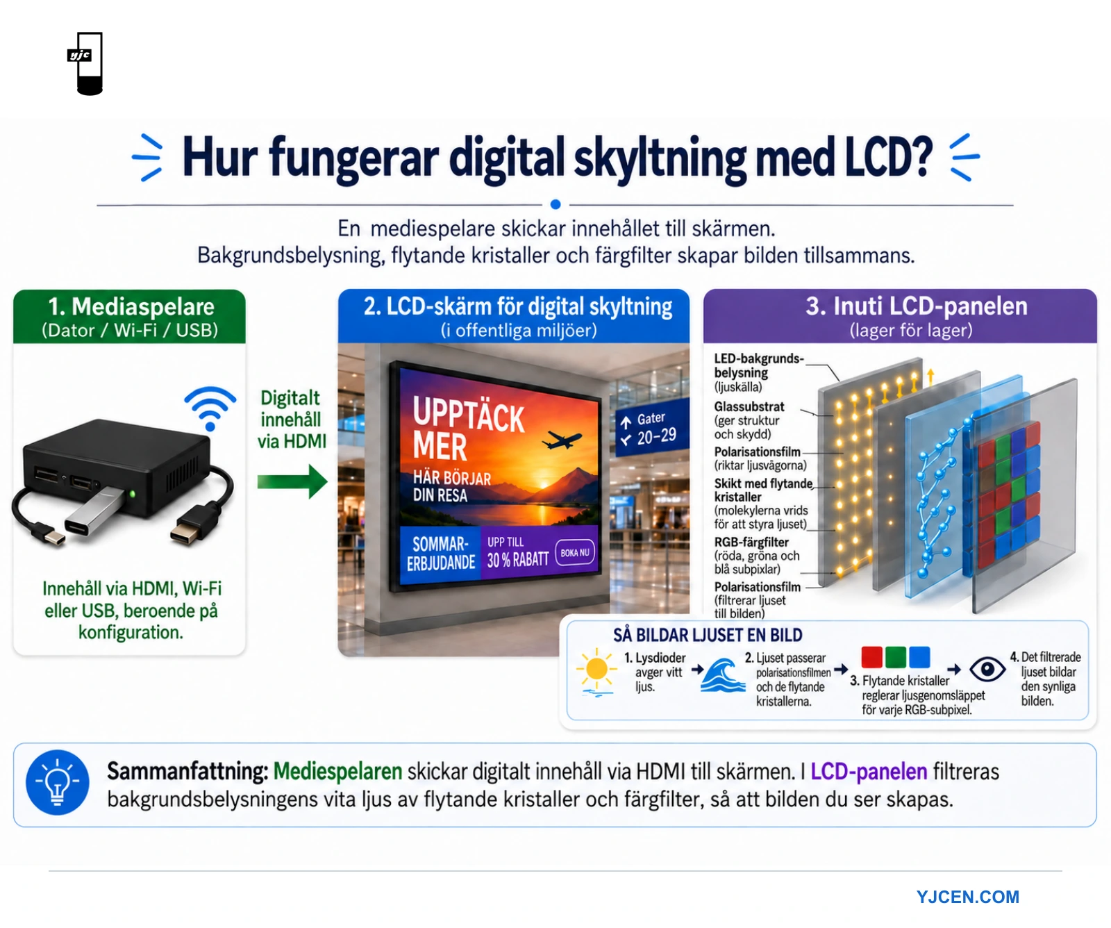 Infografik över LCD-skyltning med innehållsöverföring från mediespelare, installerad skärm och panelens lager samt ljusväg