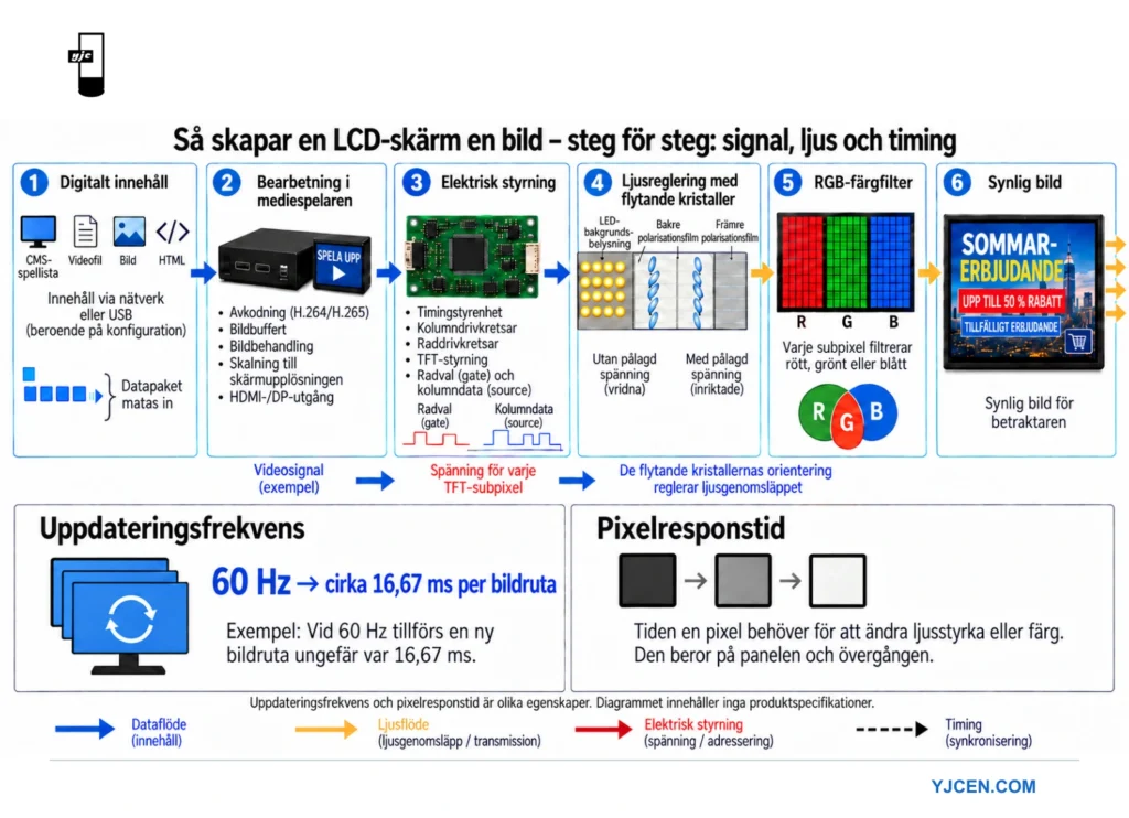 Flöde för digital LCD-skyltning från innehållskälla och mediespelare via pixelstyrning till färdig bild
