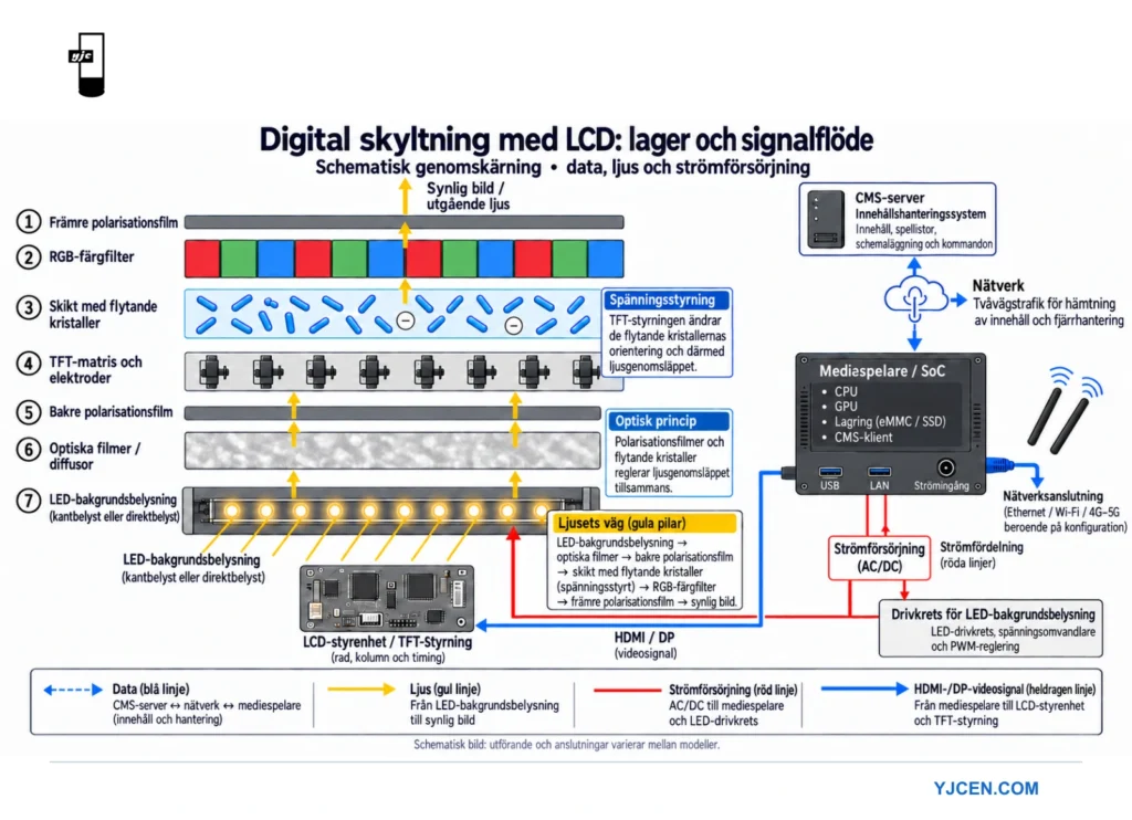 Genomskärning av LCD-system för digital skyltning med mediespelare, styrelektronik, polarisatorer, flytande kristaller, färgfilter och LED-bakgrundsbelysning